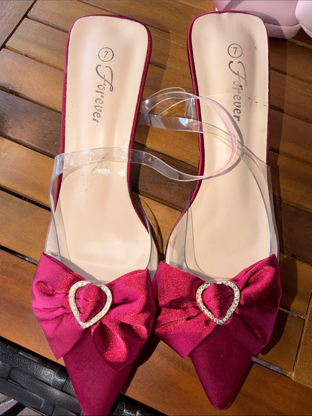 Forever 21 Burgundy Pointed Bow Mules with Clear Strap and Rhinestone Heart